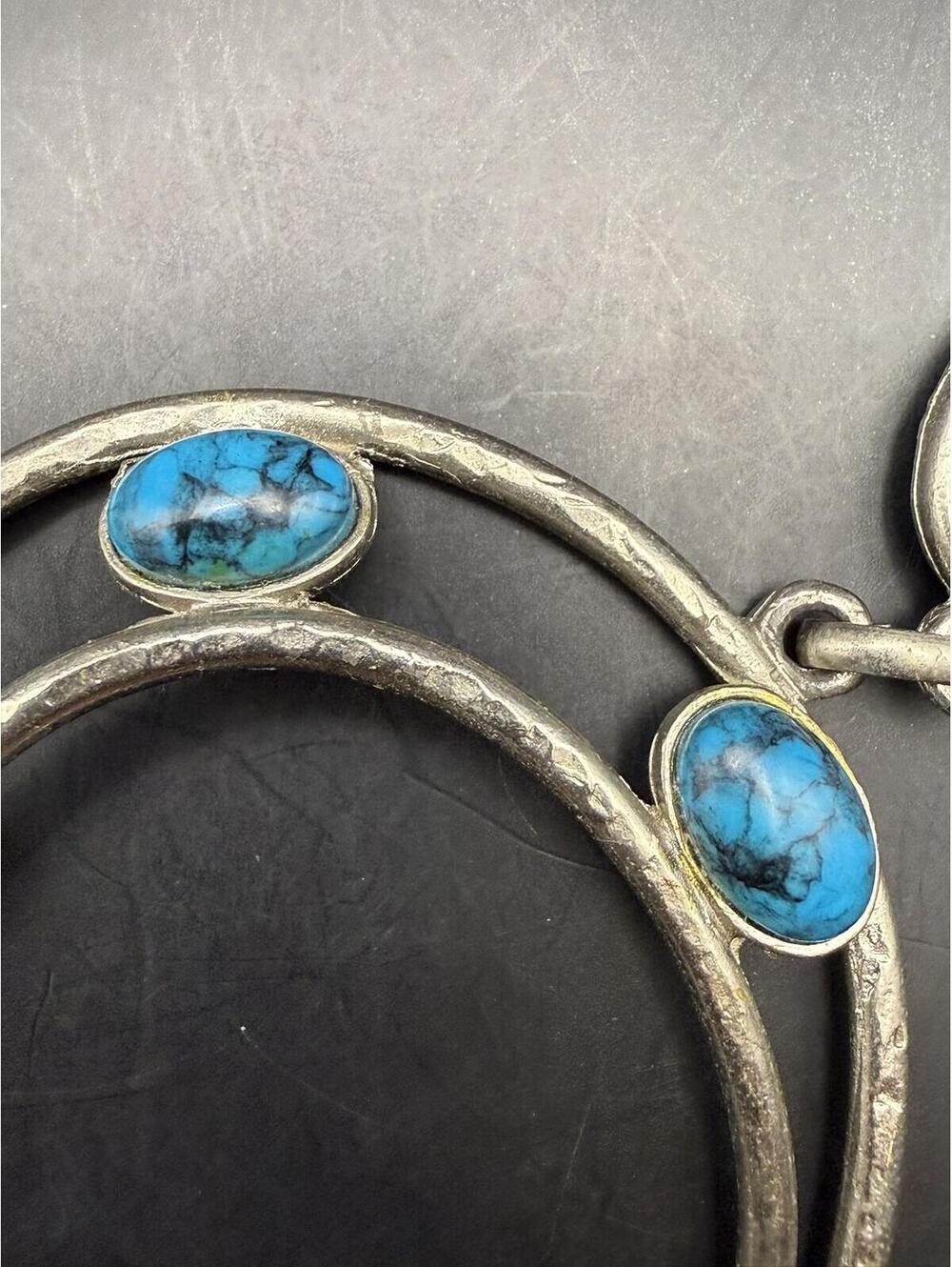 Vintage Costume Turquoise Squash Blossom Necklace - Silver Tone Naja Pendant - Picture 8 of 8